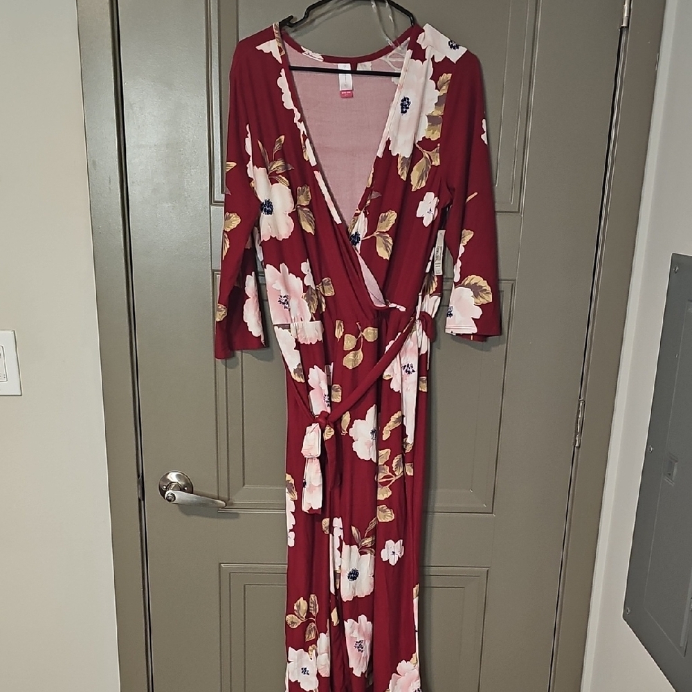 No Boundaries Red Wrap Jumpsuit with Plunge Neckline